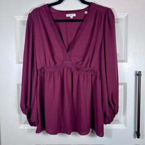 Max Studio Plum Long Sleeve Peplum Blouse | Deep V-Neck Boho Chic Top Size M